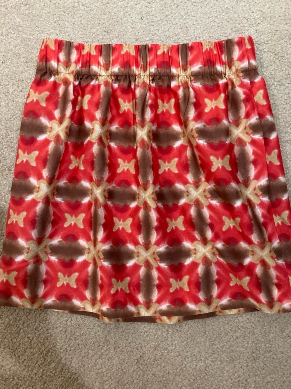 J Crew Boho Abstract Print Mini Skirt with Elastic Smocked Waist – Red & Brown S